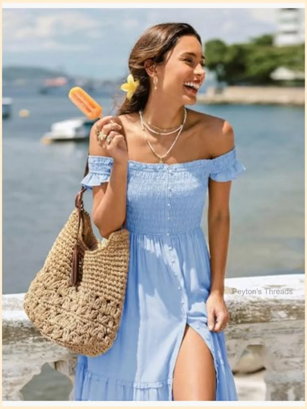 Midi Dress Square Neck Button Down Smocked Ruffle Strap Flowy Beach Sundress - Picture 5 of 7